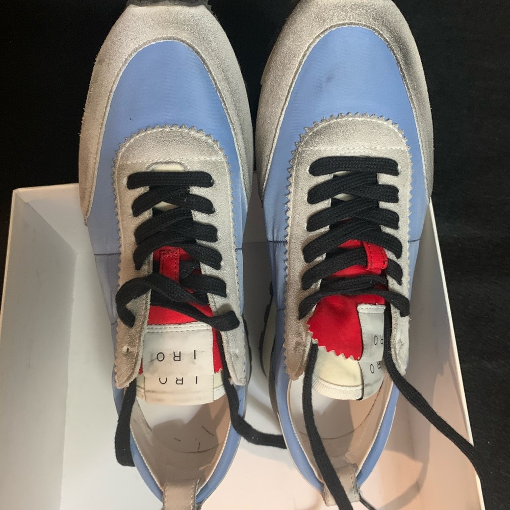 IRO Women’s Vintager suede trim sneaker. Sky blue.